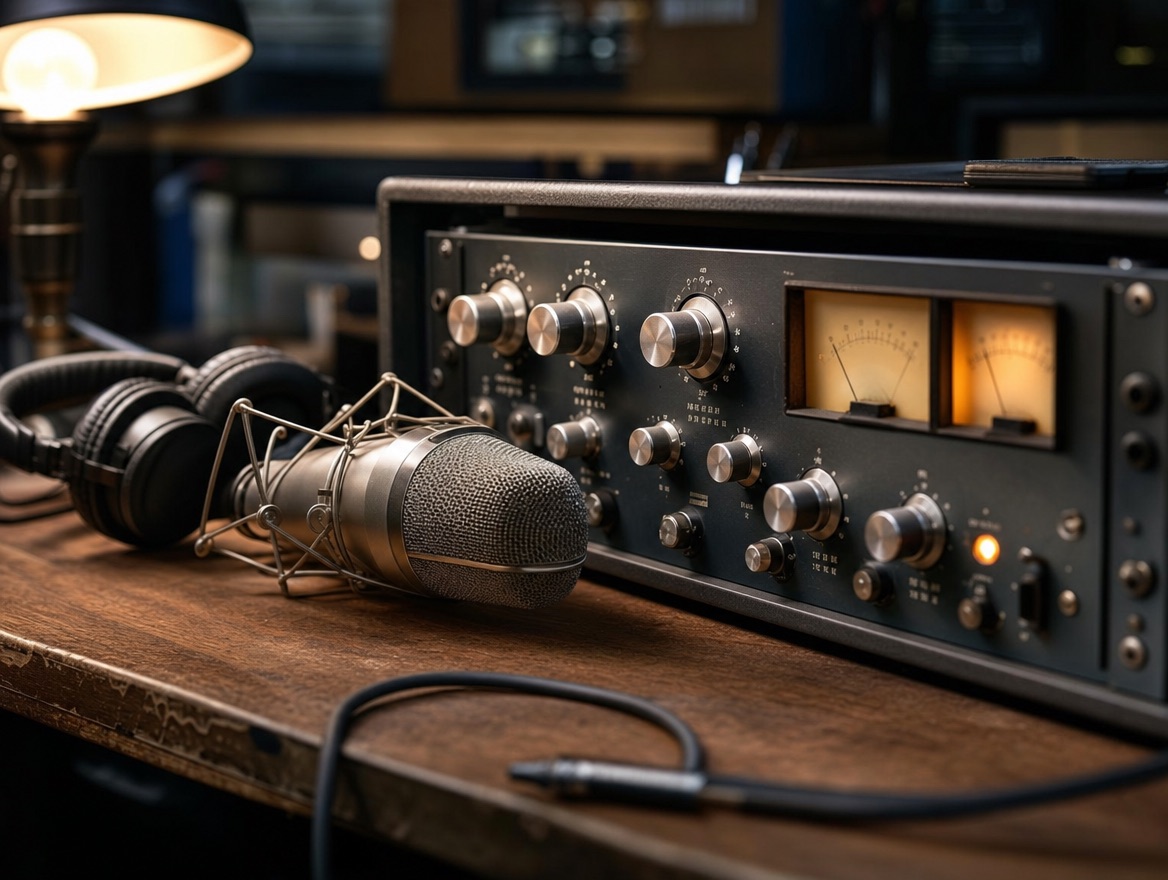Close-up detail of Hi-Tunes Studio recording equipment — microphone and outboard preamp.
