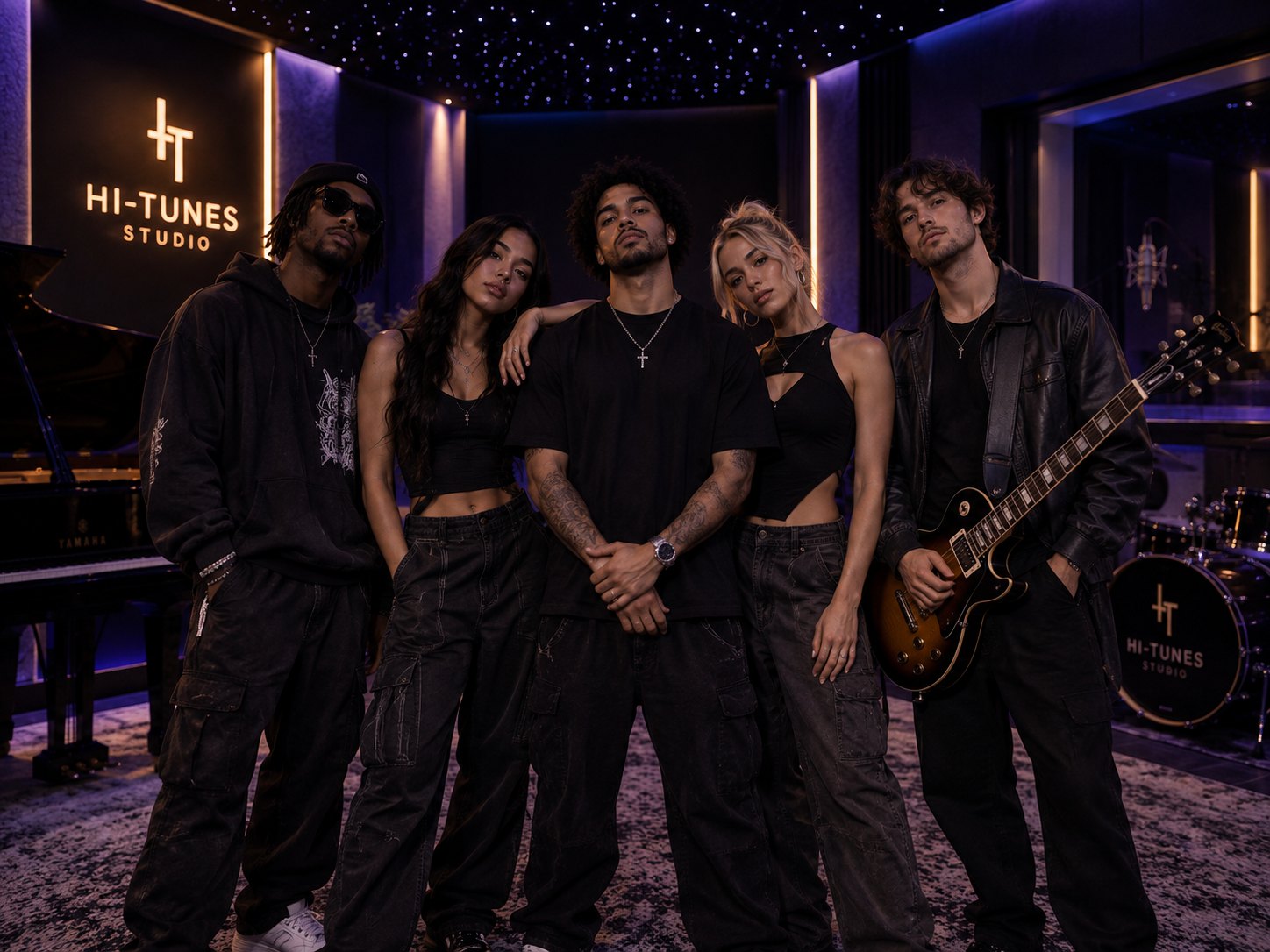 A group of five musicians in black clothing at Hi-Tunes Studio, with an electric guitar, a grand piano, and a drum kit, under a starlit ceiling.