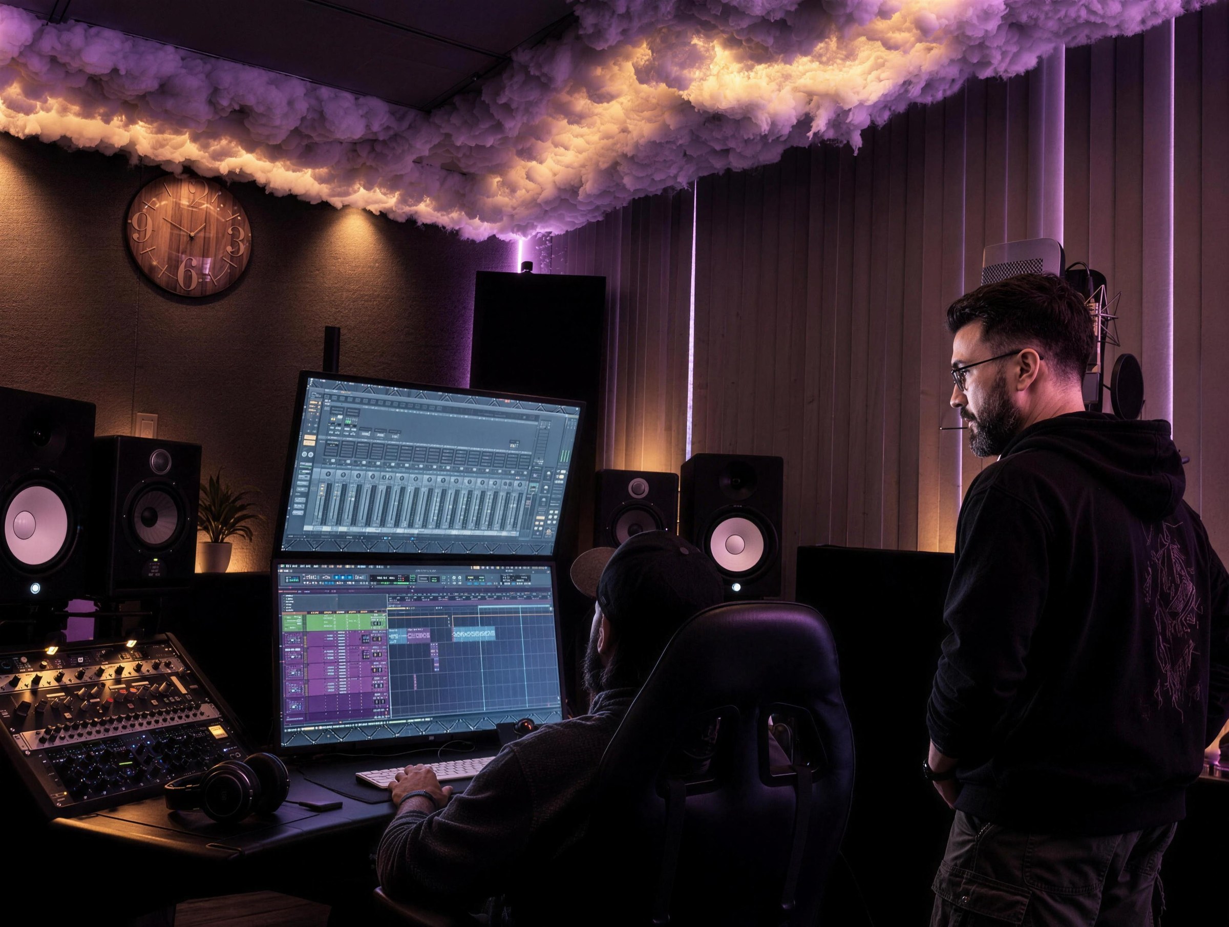 Engineers working in the Hi-Tunes Studio Cloud Room, its cloud-textured ceiling treatment visible above the console.