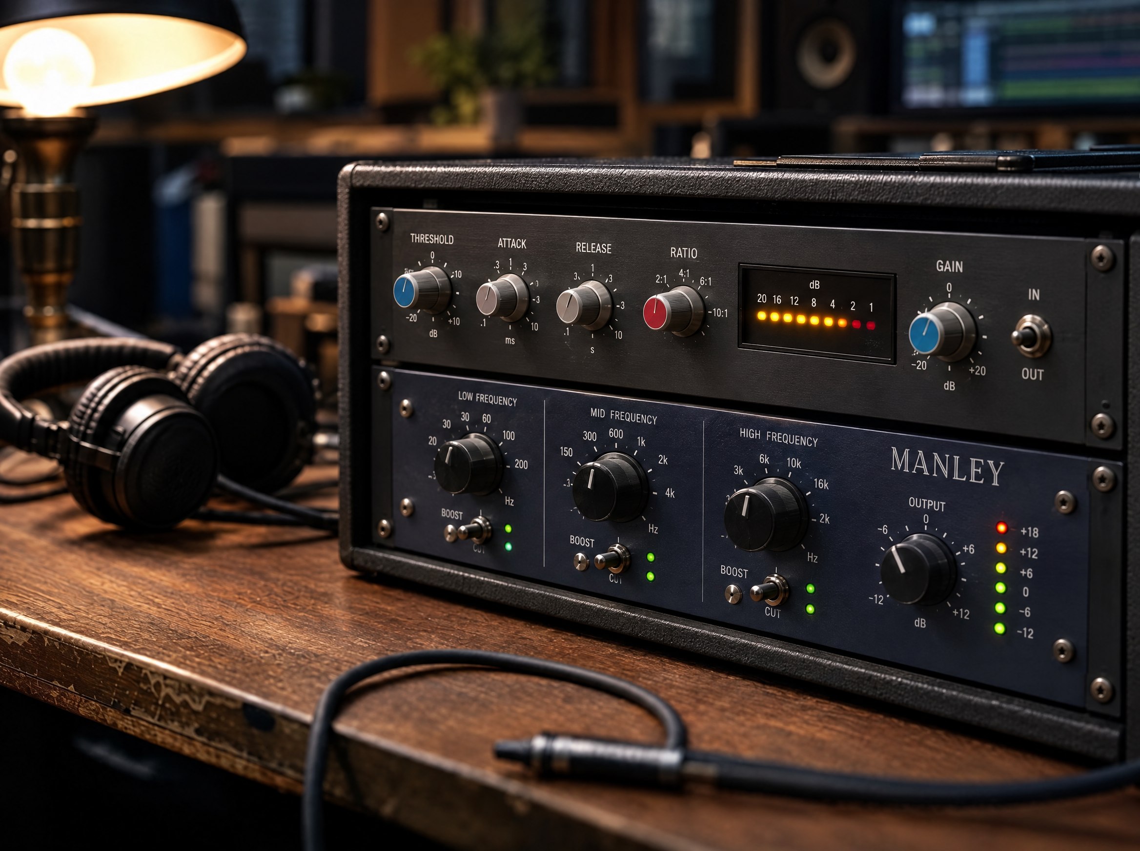 Close-up of a Manley equalizer and compressor unit at Hi-Tunes Studio.