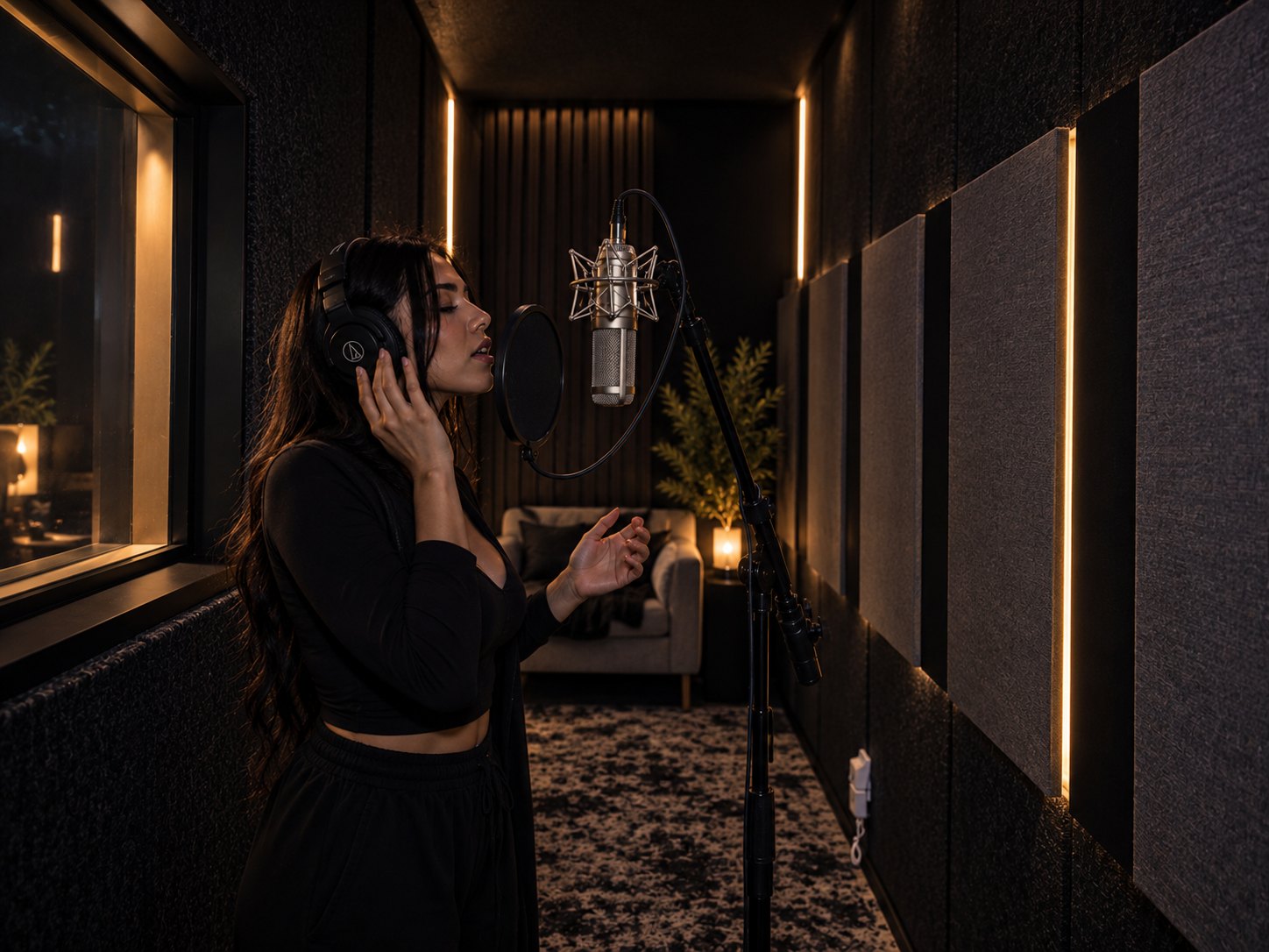 A vocalist recording at Hi-Tunes Studio, headphones on, singing into a microphone with a pop filter in a treated vocal booth.